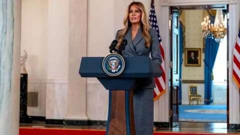 US First Lady Melania Trump speaks in the Cross Hall of the White House in Washington, DC, on April 9, 2026