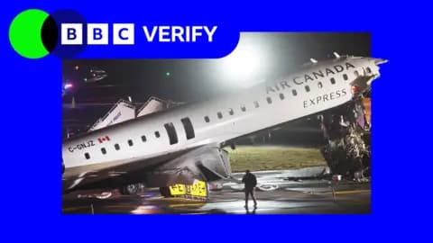 An Air Canada plane damaged on the runway at LaGuardia airport at night after crashing with a fire truck, overlayed onto BBC Verify branding.