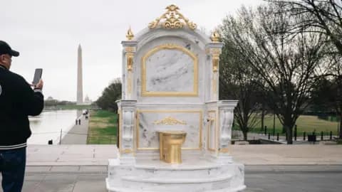 A new "Golden Throne" statue appeared early in the morning near the Lincoln Memorial.