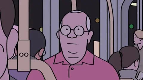 An illustration of a crowded bus or train interior at night shows multiple passengers standing close together among vertical and horizontal handrails. A central figure in a pink collared shirt is positioned in the foreground. Other passengers are visible around the scene, some seated and some standing, with circular lights or reflections dotting the dark windows in the background.