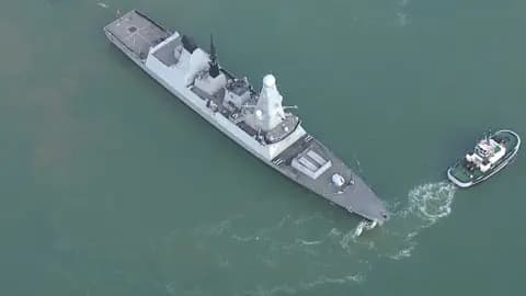 Aerial shot of HMS Dragon in Portsmouth harbour