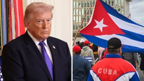 Donald Trump on the left and a man in a Cuba jacket and flag is on the right.