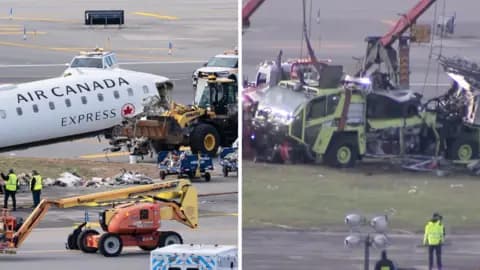 Wreckage from the Air Canada plane and port authority truck are seen.