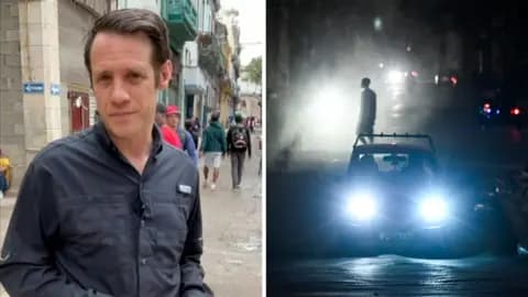 Splitscreen. Left, Will Grant in Cuba. Right, a man stands atop a car in the blackout.