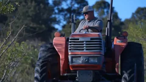 Tim Pierce, peach farmer in Alabama, is riding his tractor.