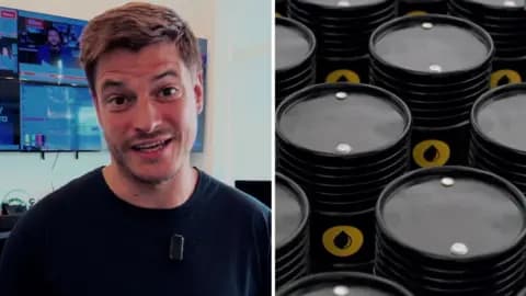 A split screen image with Nick Marsh on the left and barrels of oil on the right