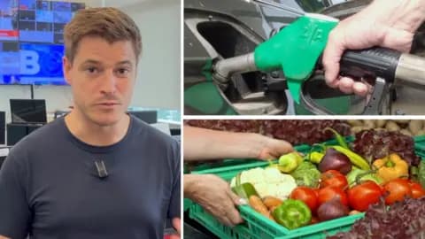 Split screen image featuring Nick Marsh, a car being filled with petrol and basket full of vegetables