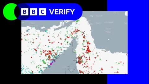 A screenshot taken from the ship tracking website MarineTraffic that shows ships moving through the Strait of Hormuz. Red and green arrows represent tanker vessels and cargo vessels respectively. The Strait is an upside-down U shape and narrows significantly at the top. A heavy volume of marine traffic is shown passing through this area on a typical day. The BBC Verify logo is overlaid in the top left corner.