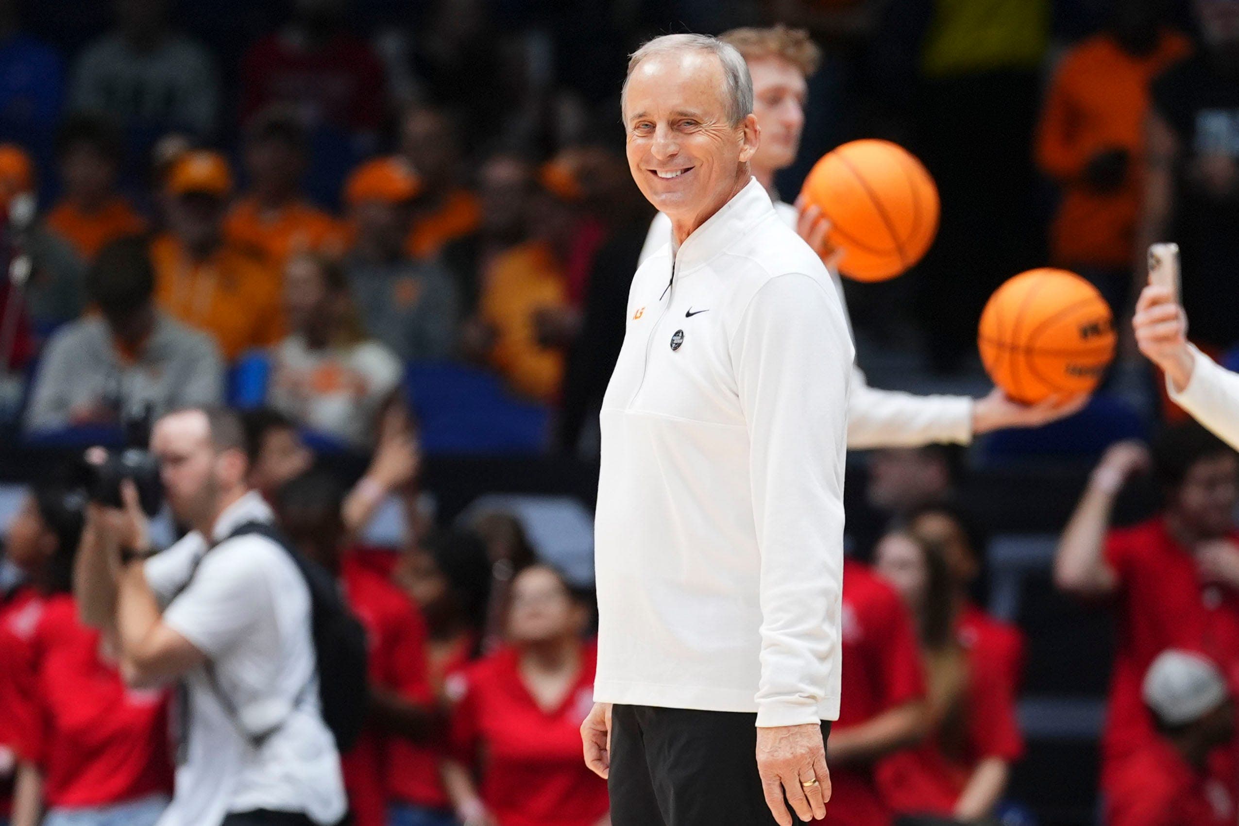 Tennessee head coach Rick Barnes smiling as teams warmup before the start of the NCAA Tournament Elite Eight game between Tennessee and Houston at Lucas Oil Stadium in Indianapolis, Ind., on Sunday, March 30, 2025.