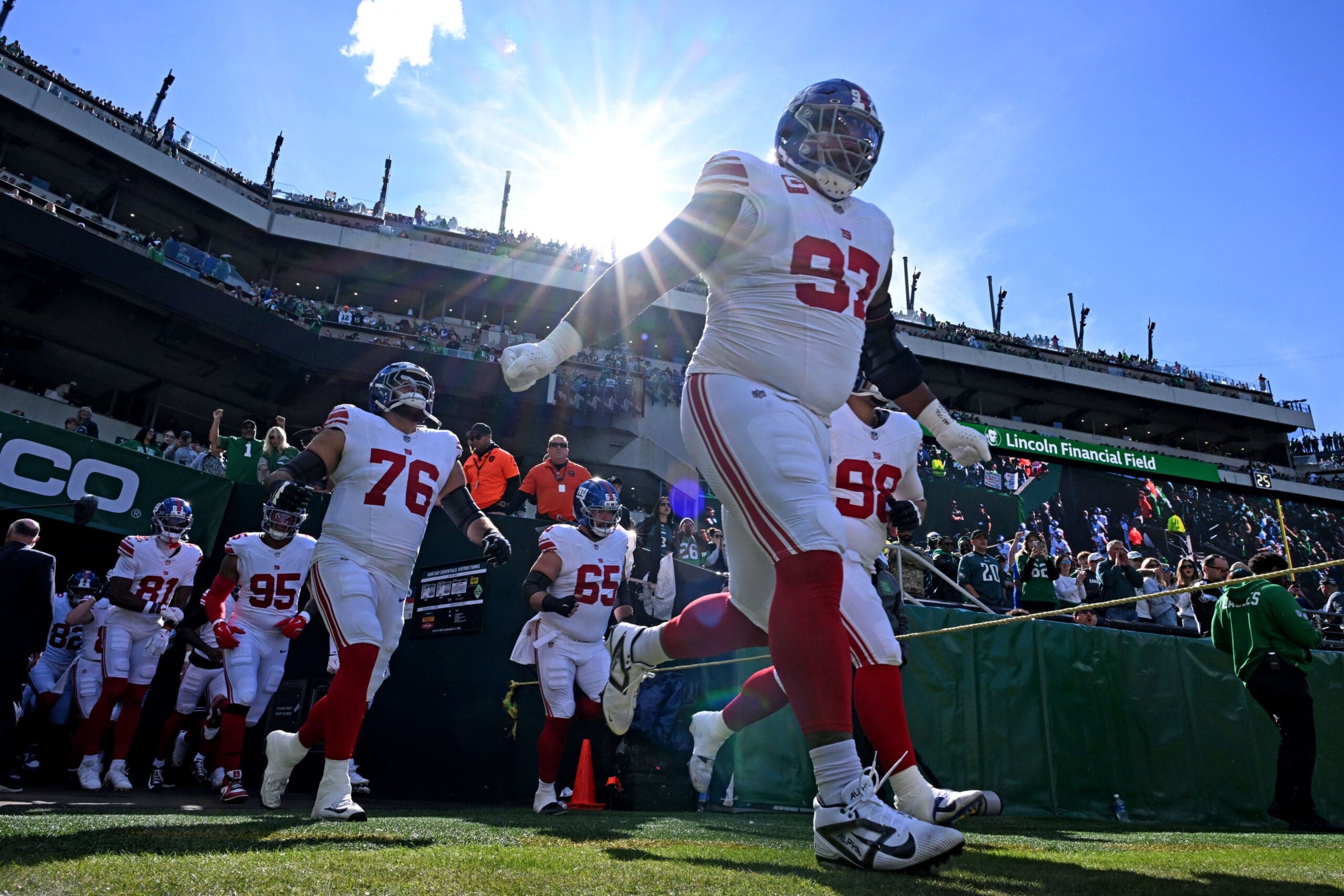 Oct 26, 2025; Philadelphia, Pennsylvania, USA; New York Giants defensive tackle Dexter Lawrence (97) takes the filed against the Philadelphia Eagles at Lincoln Financial Field.