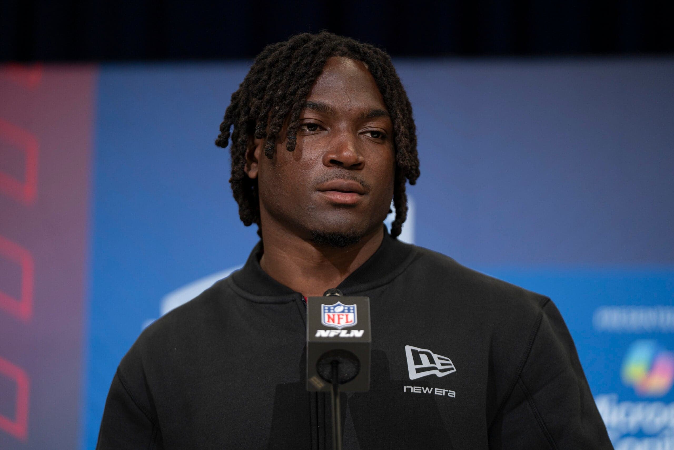 Feb 26, 2026; Indianapolis, IN, USA; Indiana defensive back D'Angelo Ponds (DB25) speaks at the podium during the NFL Combine at the Indiana Convention Center. Mandatory Credit: Jacob Musselman-Imagn Images
