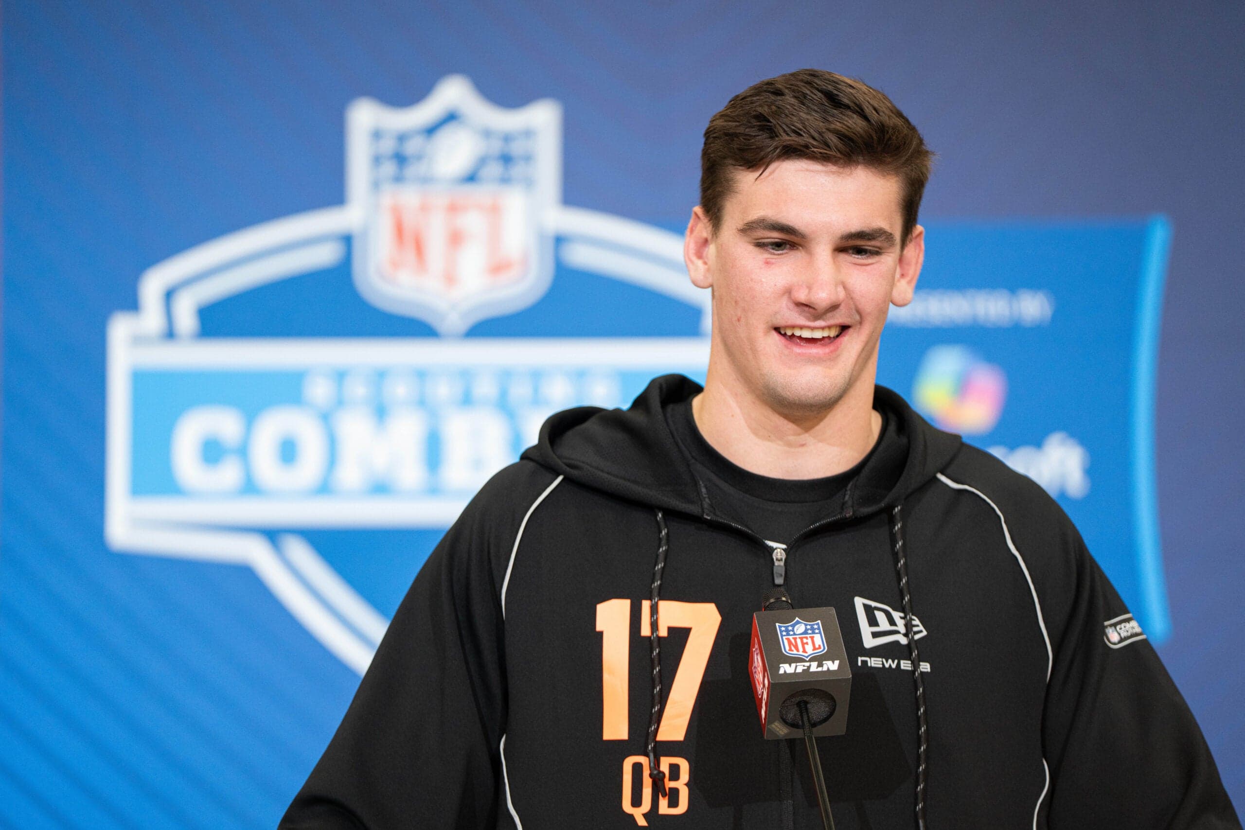 Feb 27, 2026; Indianapolis, IN, USA; Alabama quarterback Ty Simpson (QB17) speaks to members of the media during the NFL Combine at the Indiana Convention Center.