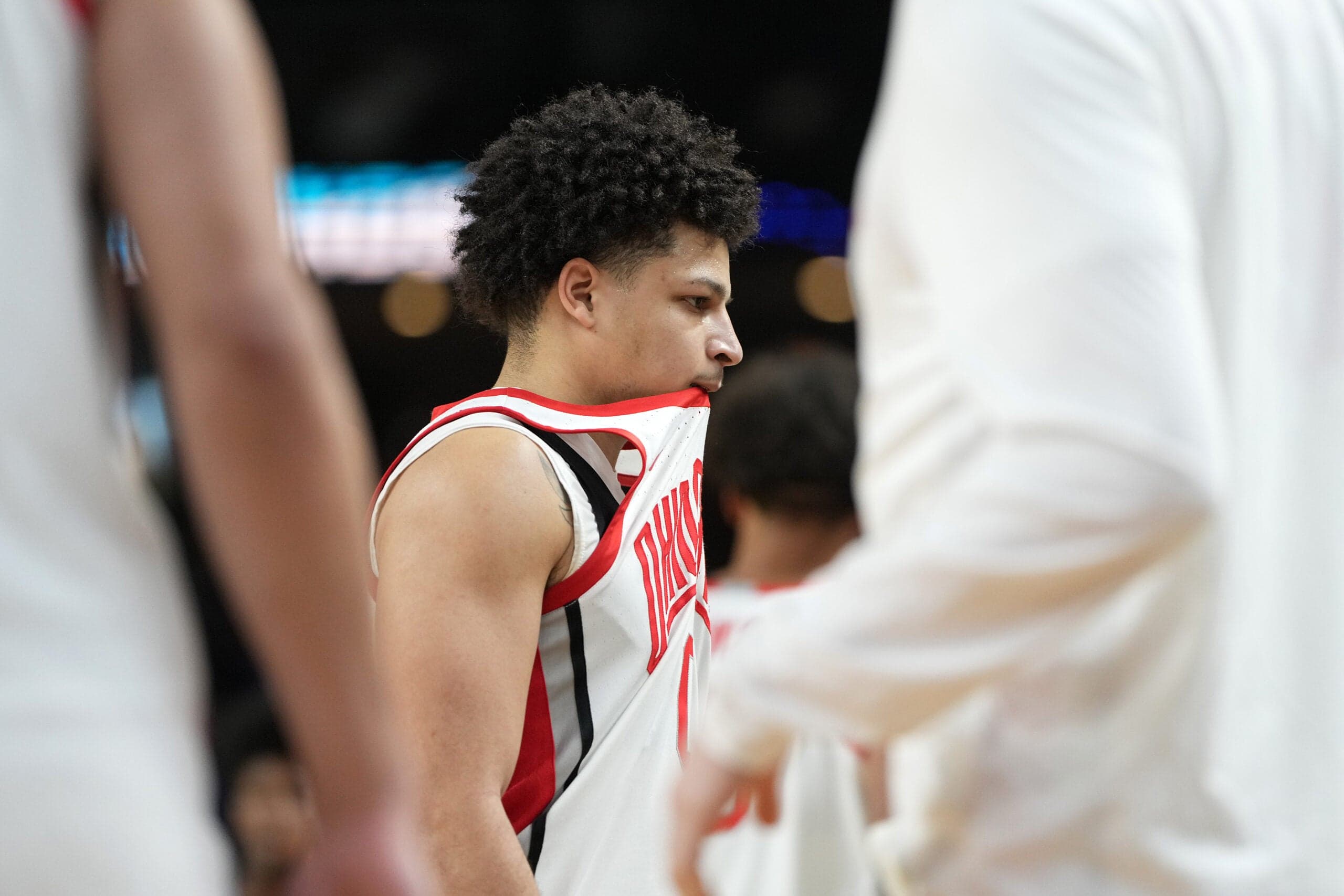Mar 19, 2026; Greenville, SC, USA; Ohio State Buckeyes guard John Mobley Jr. (0) in the second half during a first round game of the men's 2026 NCAA Tournament at Bon Secours Wellness Arena. Mandatory Credit: Bob Donnan-Imagn Images