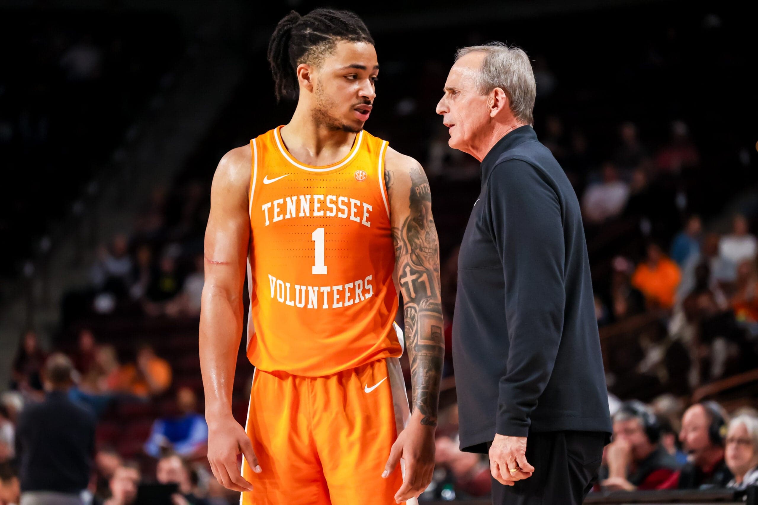Mar 3, 2026; Columbia, South Carolina, USA; Tennessee Volunteers head coach Rick Barnes speaks with guard Amari Evans (1) against the South Carolina Gamecocks in the second half at Colonial Life Arena.