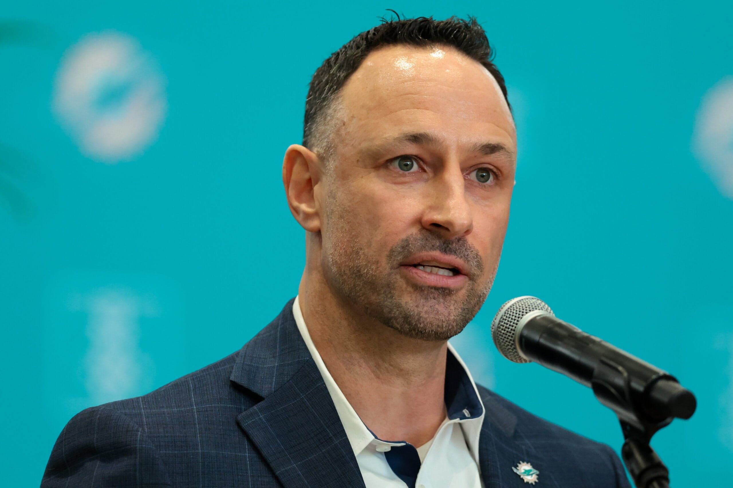 Jan 22, 2026; Miami Gardens, FL, USA; Miami Dolphins general manager Jon-Eric Sullivan speaks to reporters during his introductory press conference at Baptist Health Training Complex.