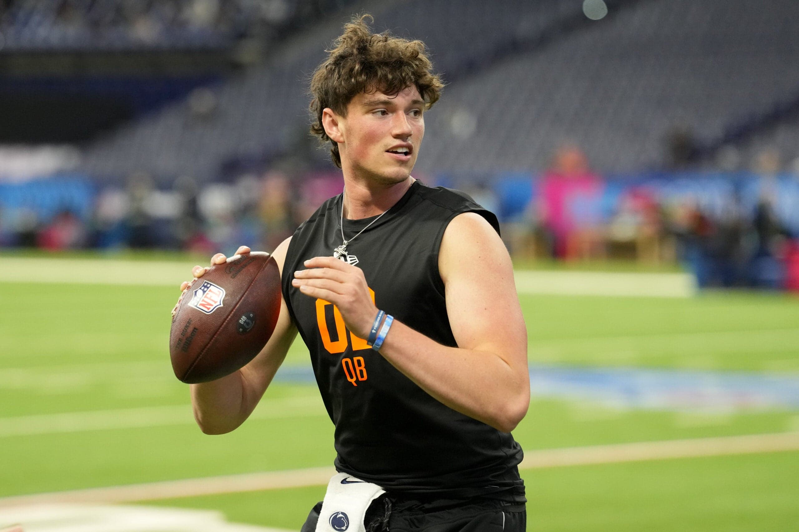 Feb 28, 2026; Indianapolis, IN, USA; Penn State quarterback Drew Allar (QB02) during the NFL Scouting Combine at Lucas Oil Stadium.