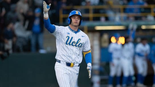 UCLA shortstop Roch Cholowsky (1) celebrates after hitting a homerun during a game between TCU and UCLA on Friday, February 20,2026 at Jackie Robinson Stadium in Los Angeles Calif
