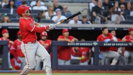 Apr 14, 2026; Bronx, New York, USA; Los Angeles Angels center fielder Mike Trout (27) hits a solo home run in the first inning against the Los Angeles Angels at Yankee Stadium. Mandatory Credit: Wendell Cruz-Imagn Images