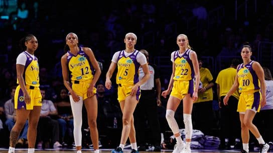 The Los Angeles Sparks' lineup looks on during a WNBA game against the Toronto Tempo on May 15, 2026 at Crypto.com Arena in Los Angeles, California.