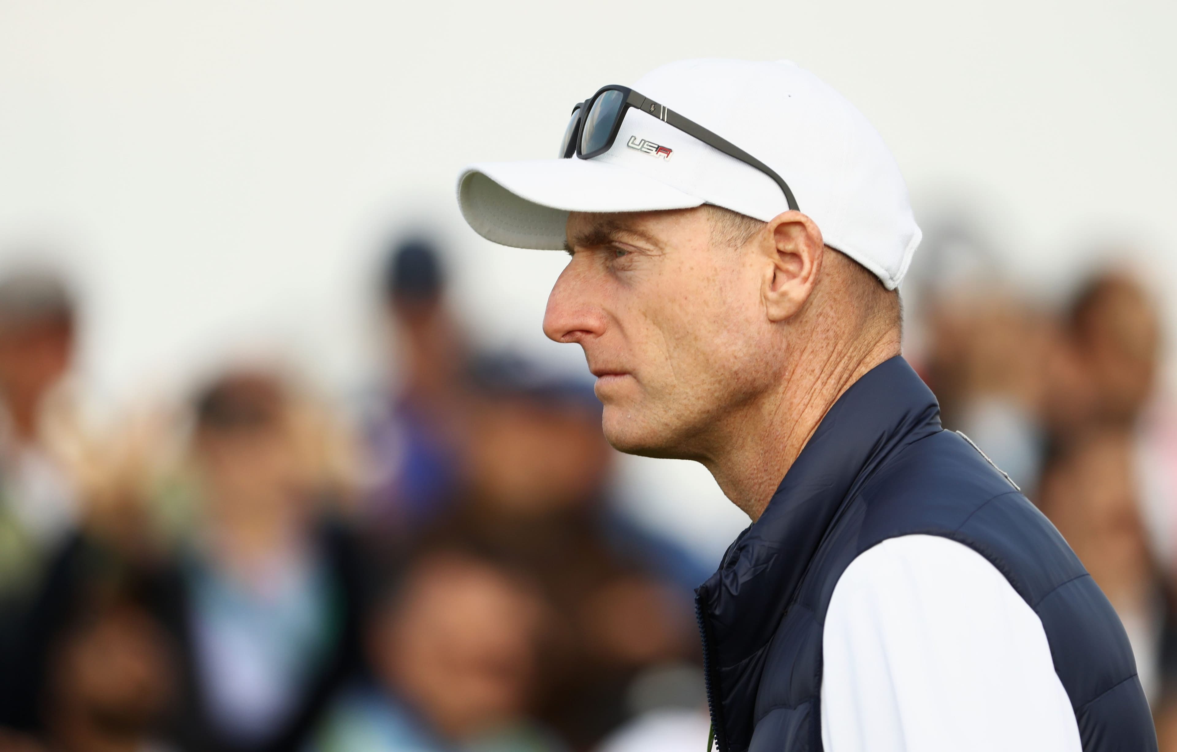 Captain Jim Furyk of the United States looks on during the afternoon foursome matches of the 2018 Ryder Cup at Le Golf National on September 28, 2018 in Paris, France.