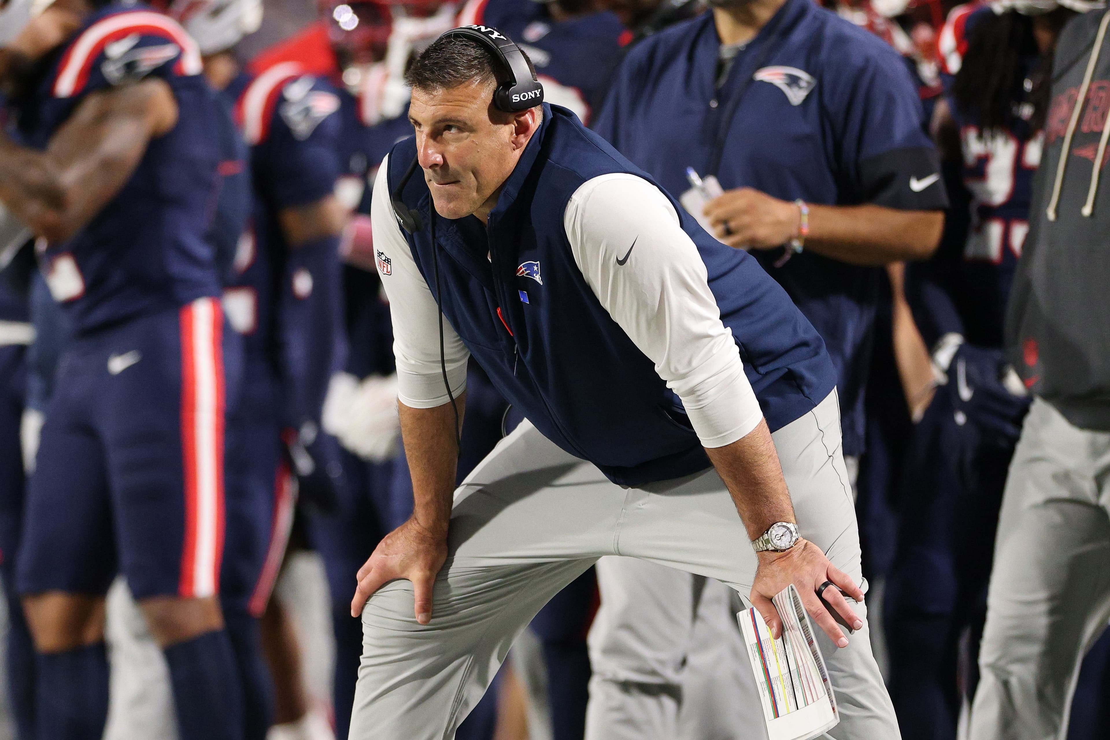 ORCHARD PARK, NEW YORK - OCTOBER 05: Head coach Mike Vrabel of the New England Patriots looks on from the sideline in the fourth quarter against the Buffalo Bills in the game at Highmark Stadium on October 05, 2025 in Orchard Park, New York. (Photo by Bryan M. Bennett/Getty Images)