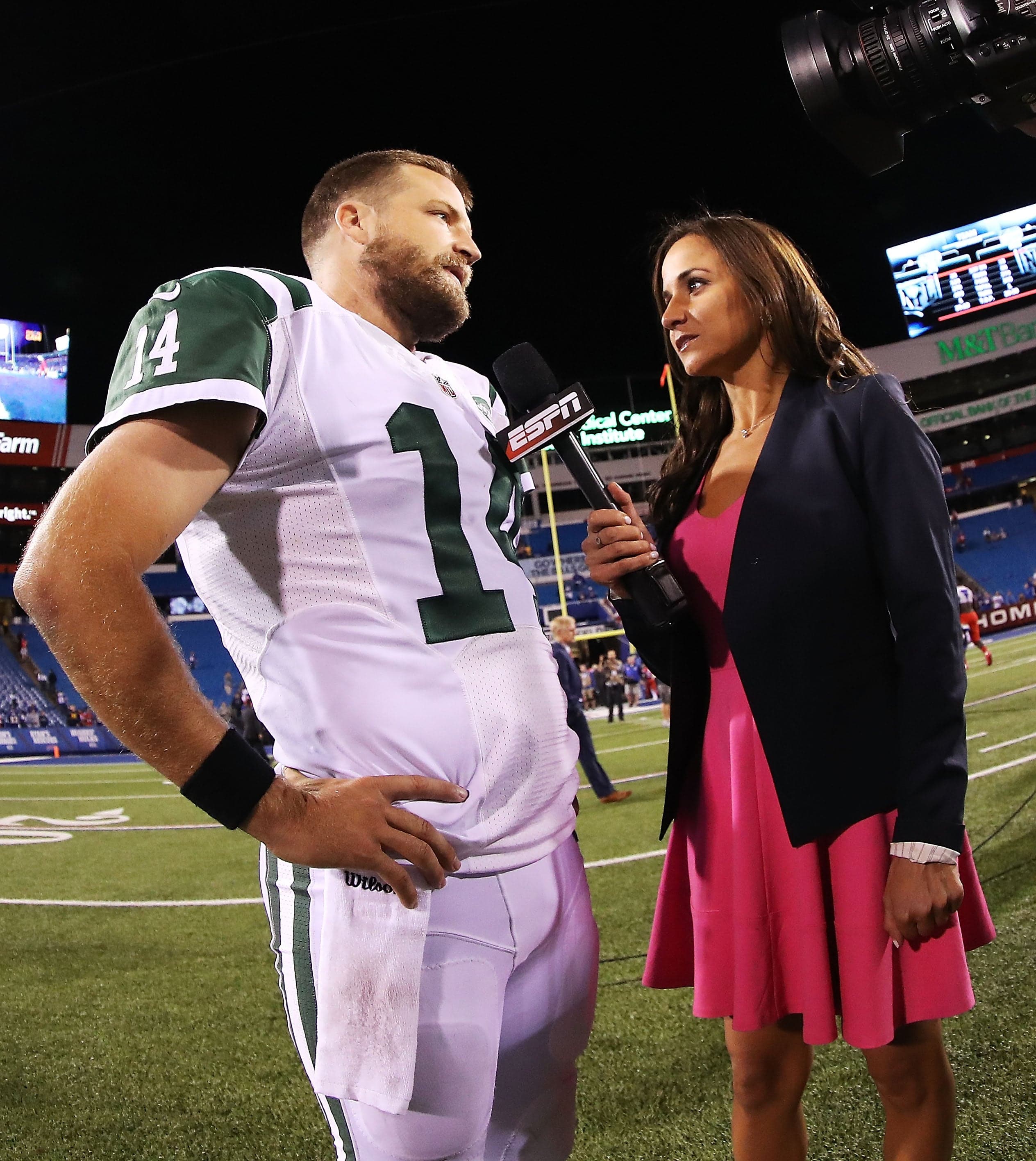 ORCHARD PARK, NY - SEPTEMBER 15:  ESPN's Dianna Russini interviews  Ryan Fitzpatrick #14 of the New York Jets after the New York Jets beat the Buffalo Bills 37-31 at New Era Field on September 15, 2016 in Orchard Park, New York.  (Photo by Tom Szczerbowski/Getty Images)