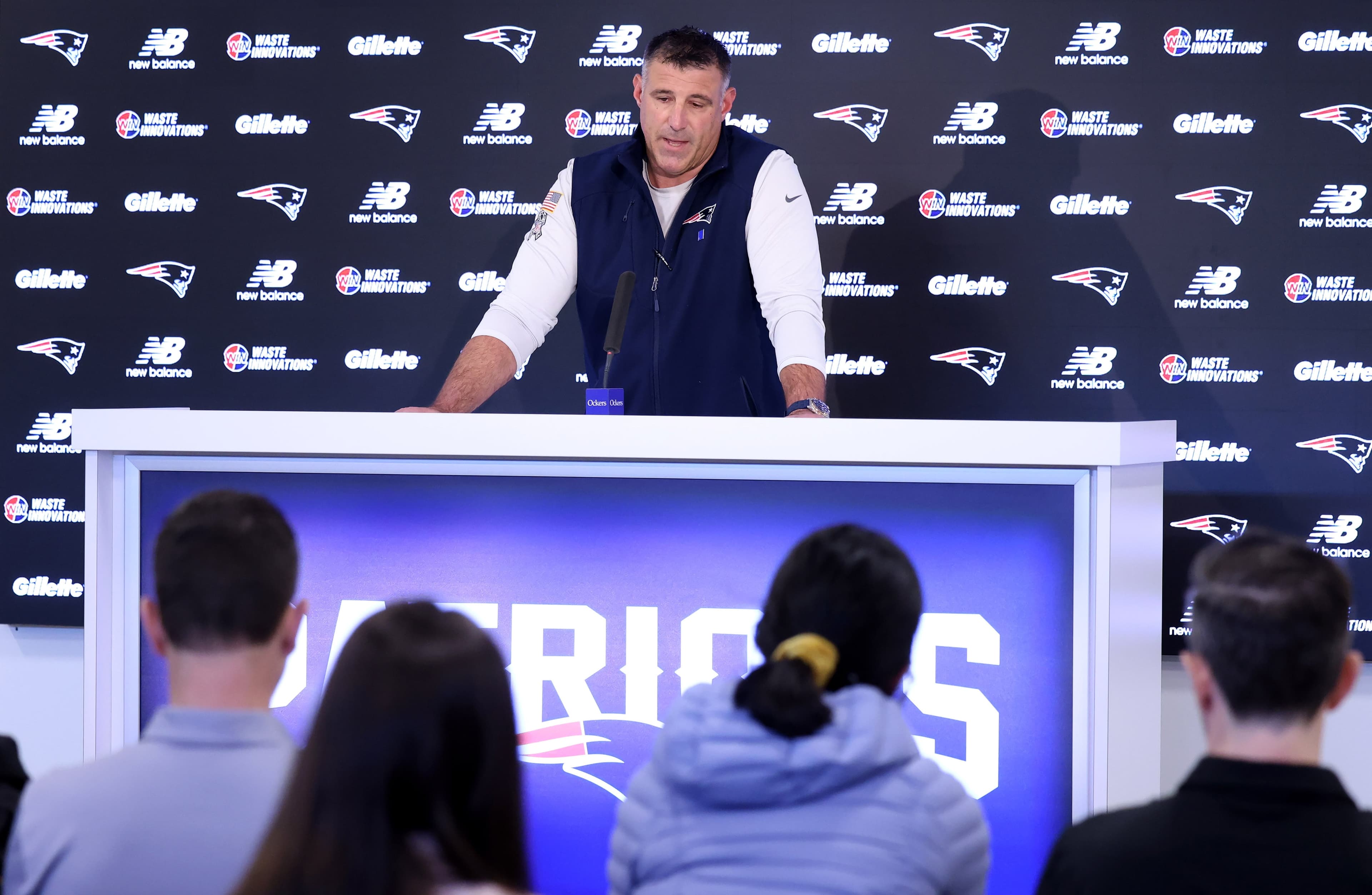 New England Patriots head coach Mike Vrabel speaks during an NFL football press conference, Tuesday, April 21, 2026, in Foxborough, Mass. (AP Photo/Mark Stockwell)