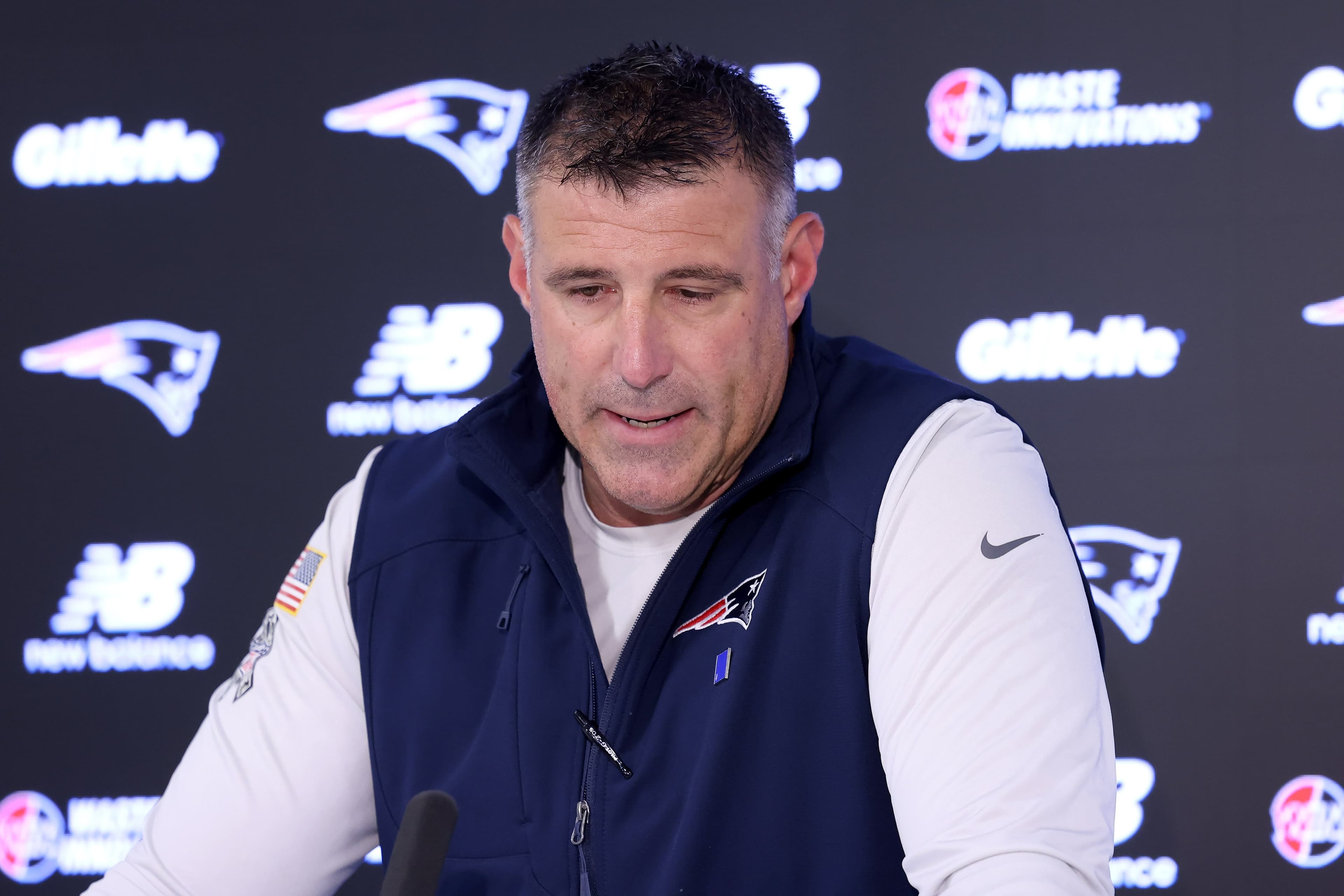 New England Patriots head coach Mike Vrabel speaks during an NFL football press conference, Tuesday, April 21, 2026, in Foxborough, Mass. (AP Photo/Mark Stockwell)