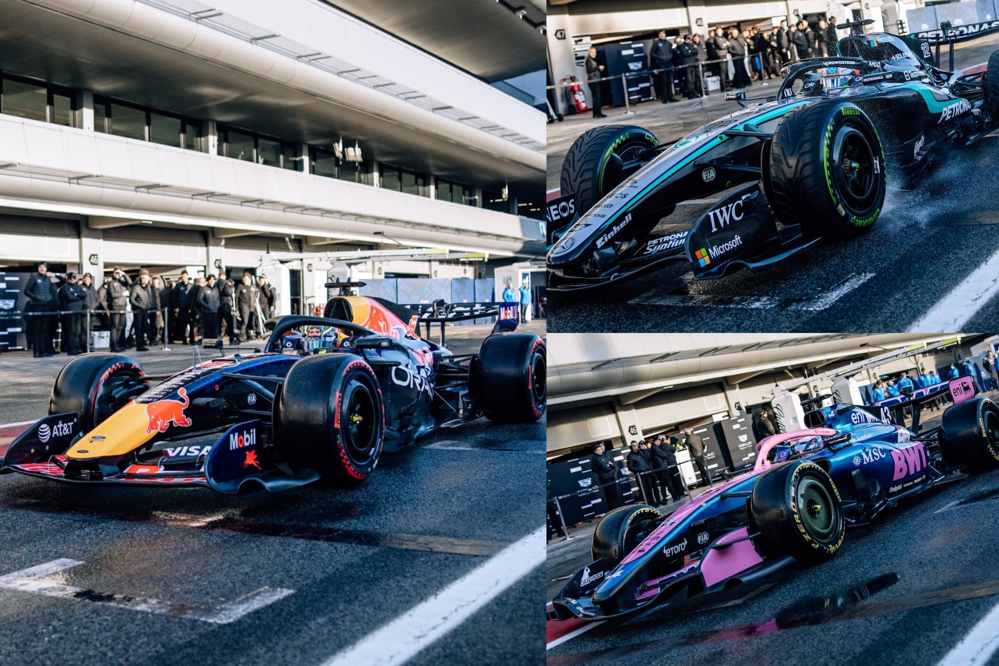 Los F1 de 2026 de Red Bull, Mercedes y Alpine en el Circuit de Barcelona-Catalunya.