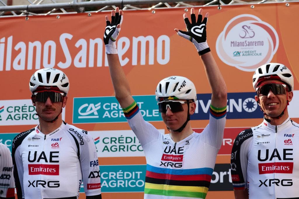 Pogacar, durante la presentación de UAE Team Emirates en la Milán - San Remo.