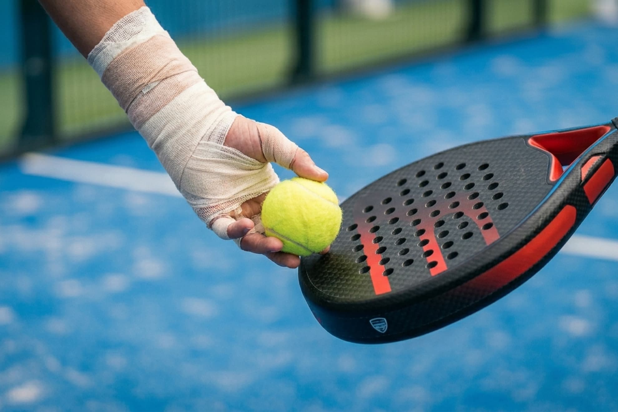Jugando al pádel con una mano vendada.