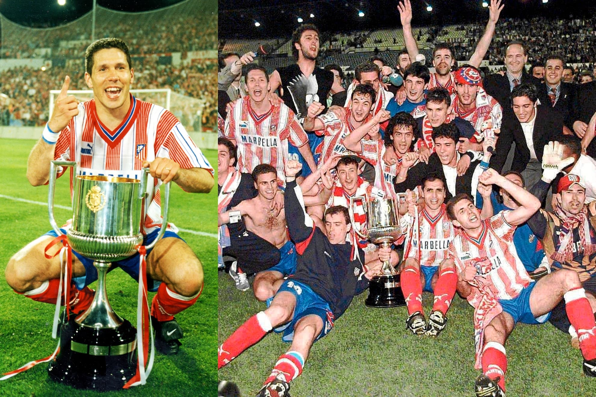 SIMEONE Y EL ATLÉTICO CELEBRAN LA COPA DEL DOBLETE EN 1996.