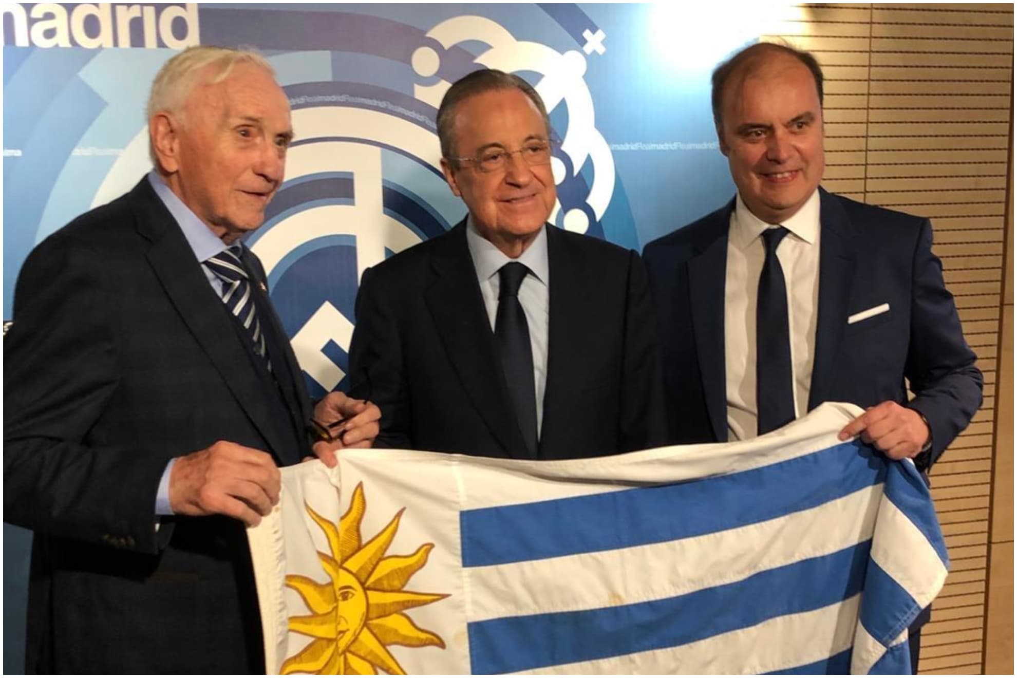 Santamaría, Florentino y Carlos Cambón (Fundación RM en Uruguay), en el Bernabéu.