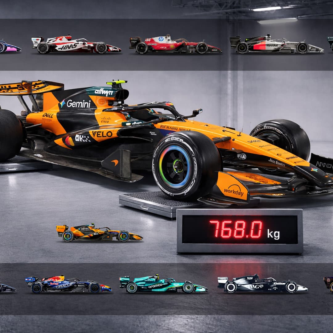 El peso mínimo en 2026 es de 768 kg. para los coches de F1.