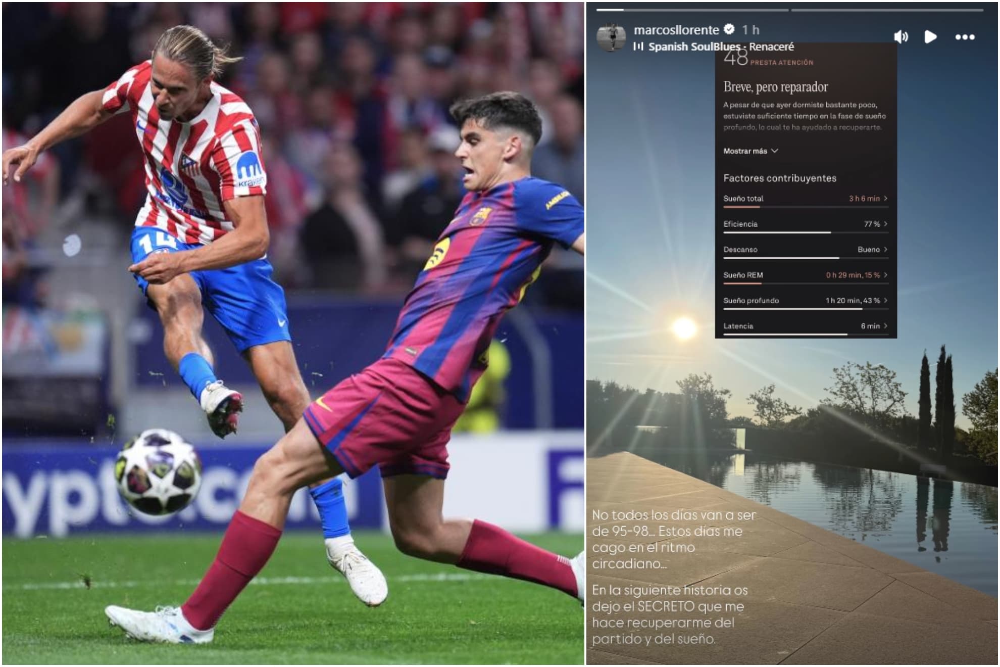 Un montaje con una imagen de Llorente en el partido y otra de su mensaje en Instagram.