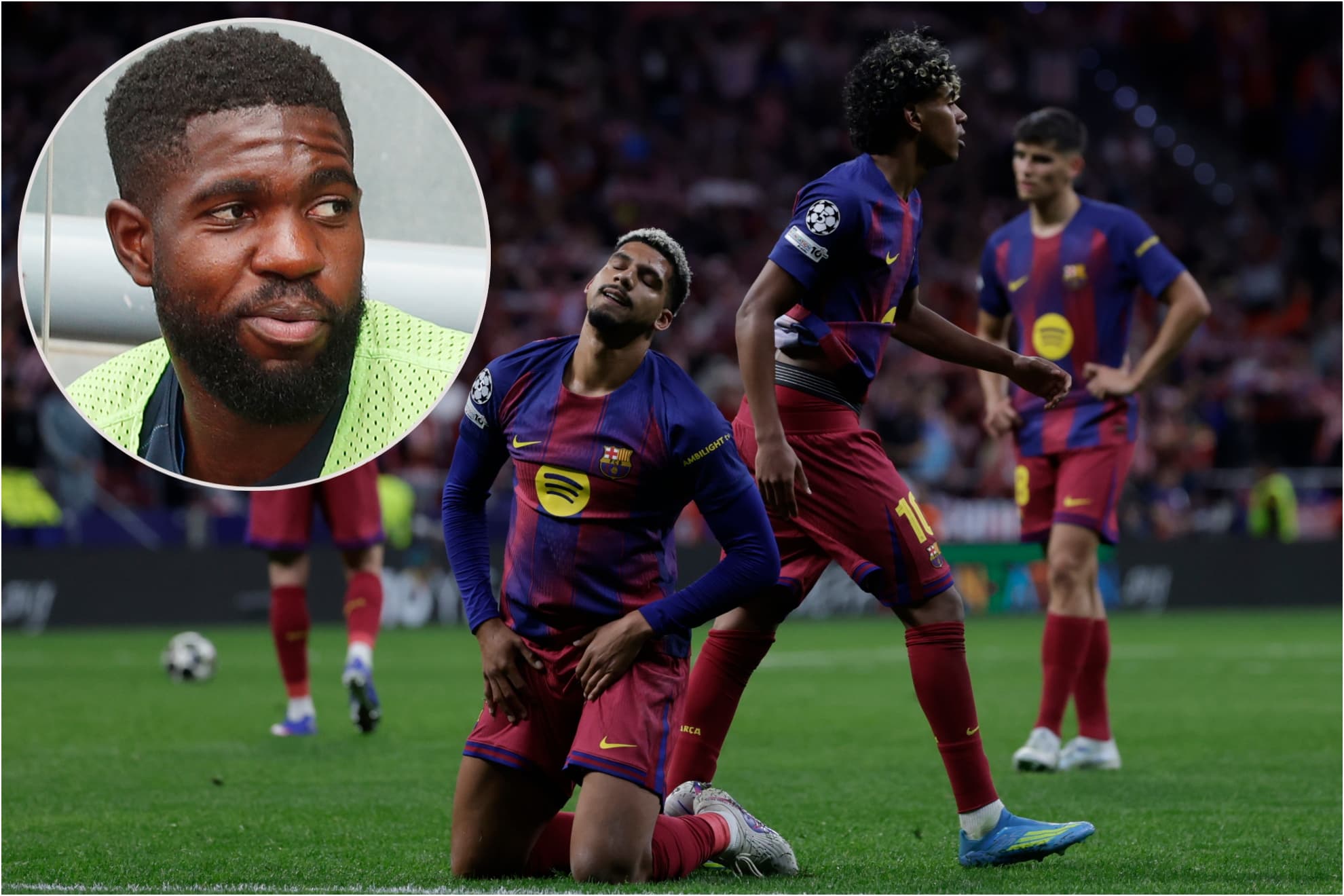 Umtiti y los jugadores del Barça tras caer ante el Atlético en Champions.