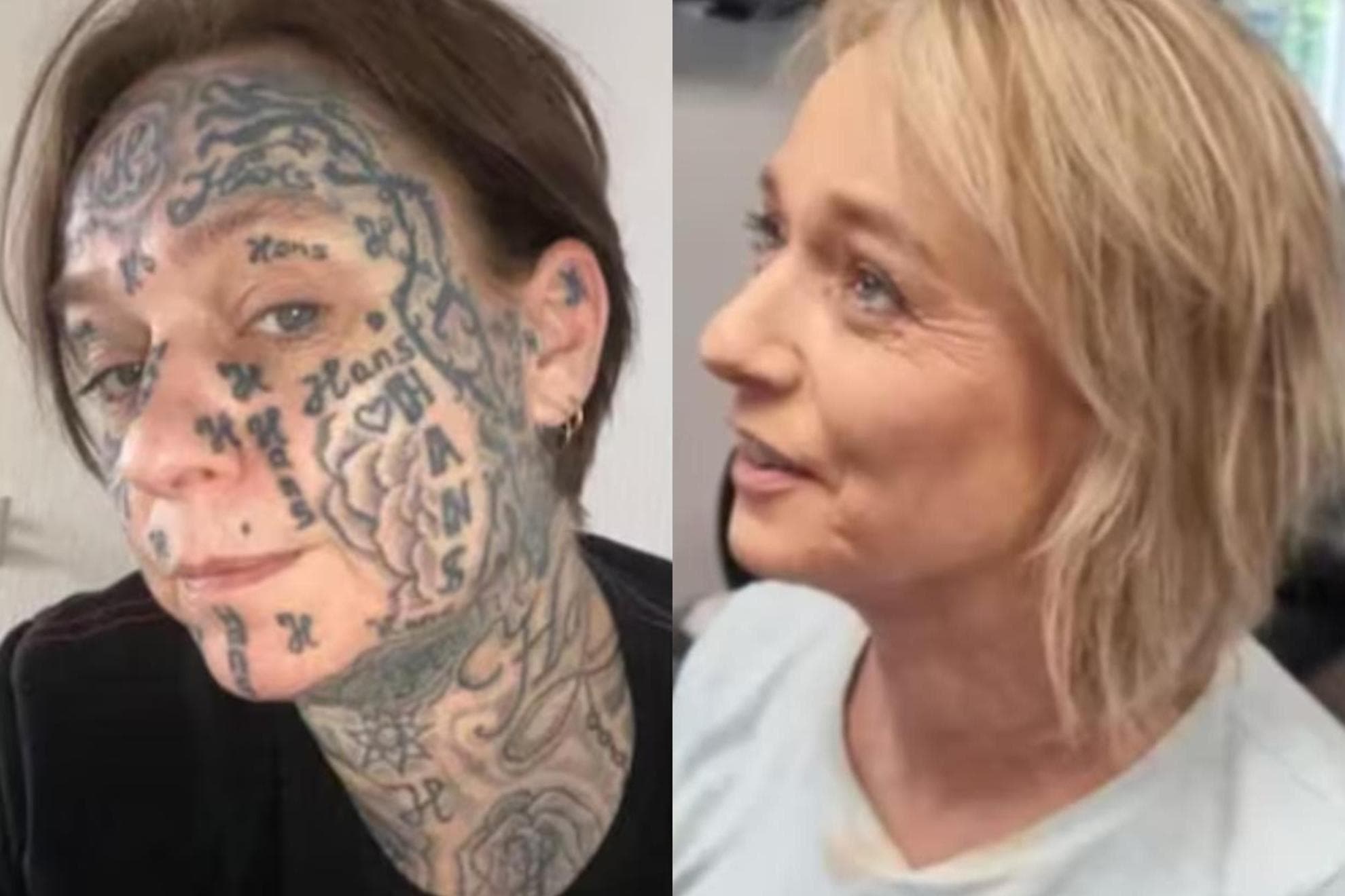 A la izquierda, la mujer, llena de tatuajes, en 2024; a la derecha, en la actualidad.