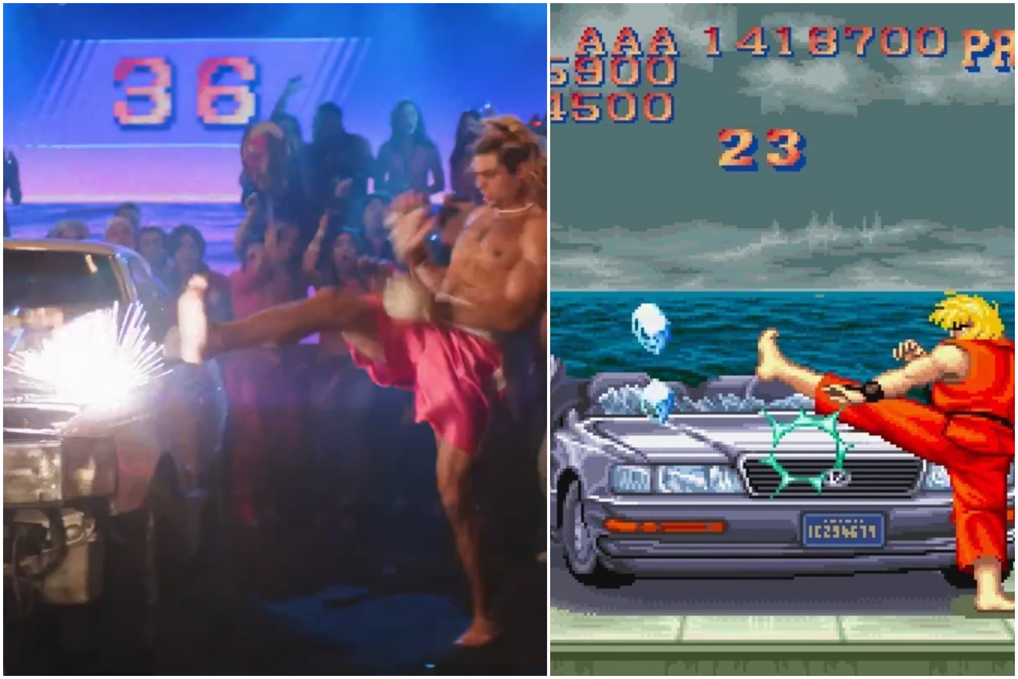 Ken destrozando el coche de la fase de bonus de 'Street Fighter II'.