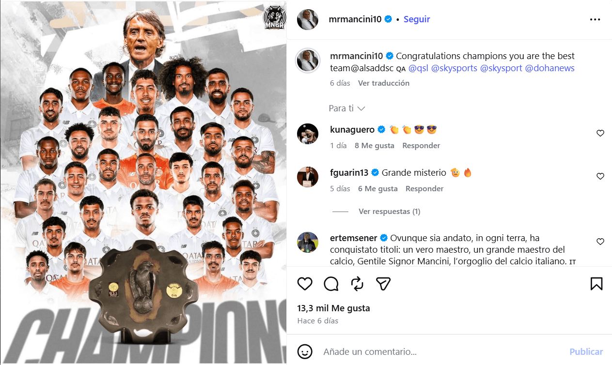 La felicitación de Mancini a su equipo tras ganar la Liga.