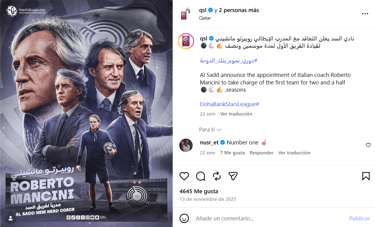 El anuncio del fichaje de Mancini por Al Sadd.