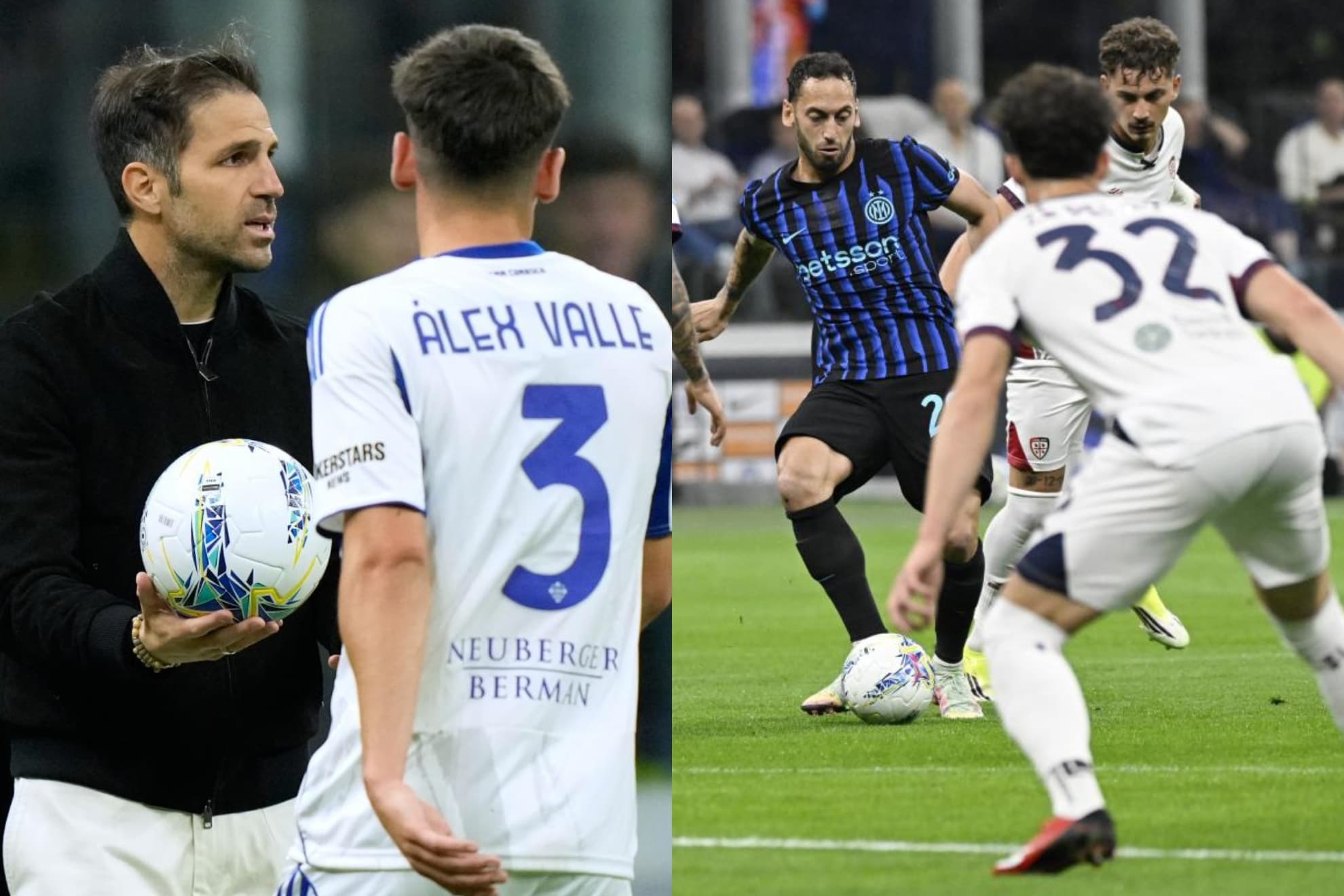 A la izquierda, Cesc Fàbregas con Álex Valle. A la derecha, Hakan Çalhanoğlu contra el Como.