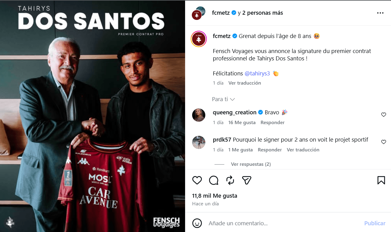 El anuncio de la renovación de Tahirys dos Santos.