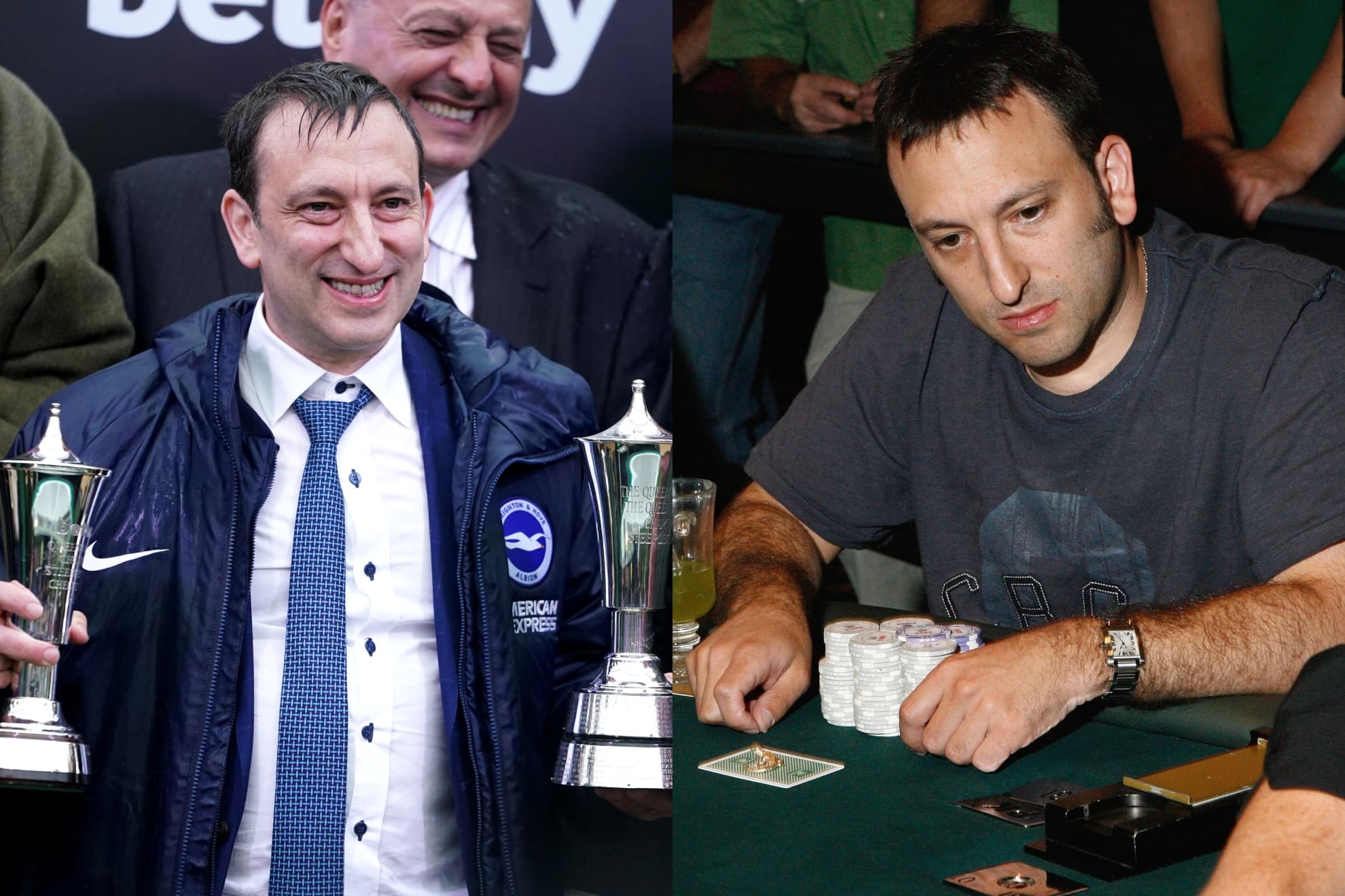 A la izquierda, Tony Bloom, con dos trofeos en Cheltenham. A la derecha, en una partida de póker.
