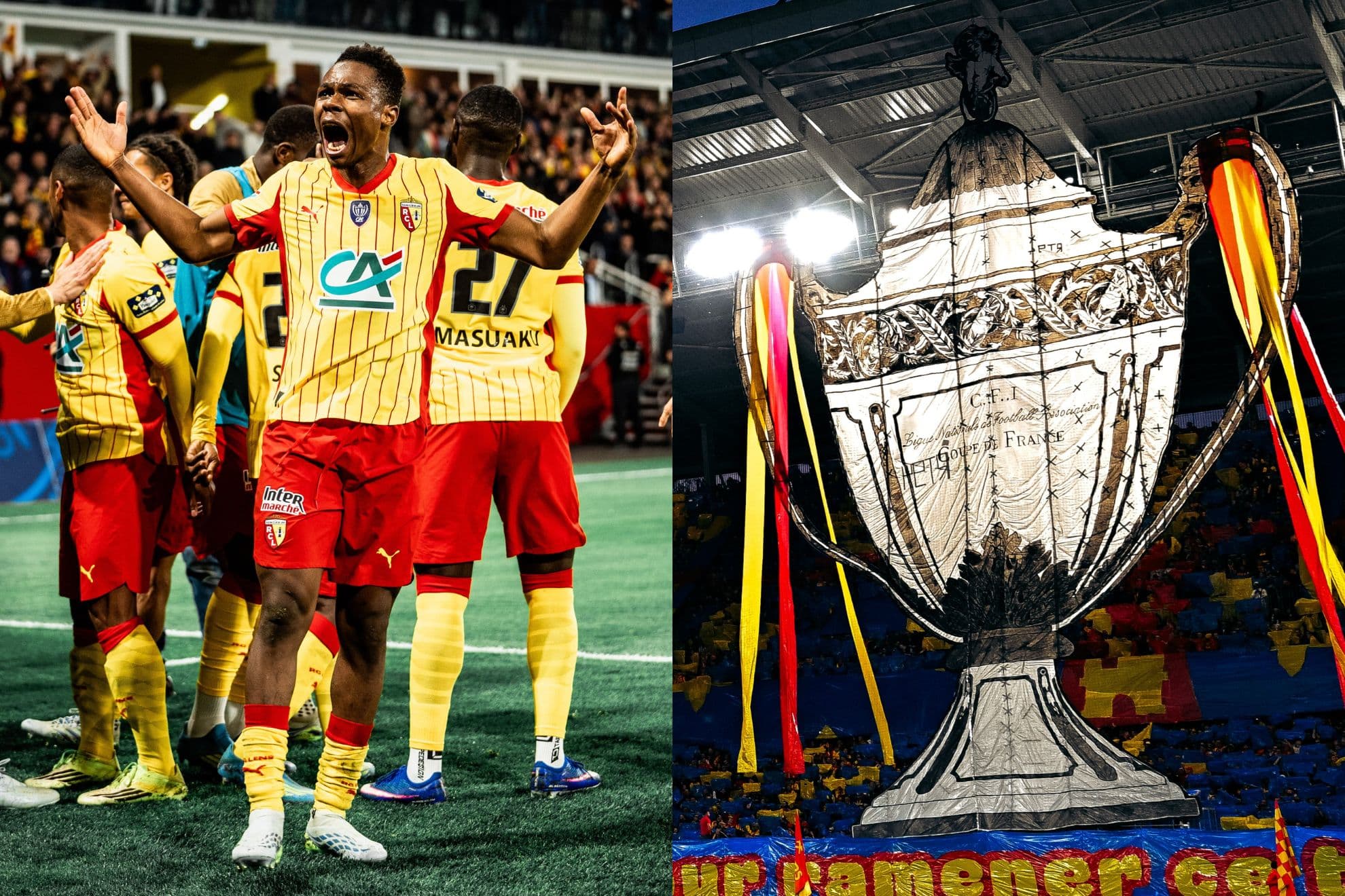 Mamadou Sangaré y un tifo de la Coupe en el Stade Bollaert-Delelis