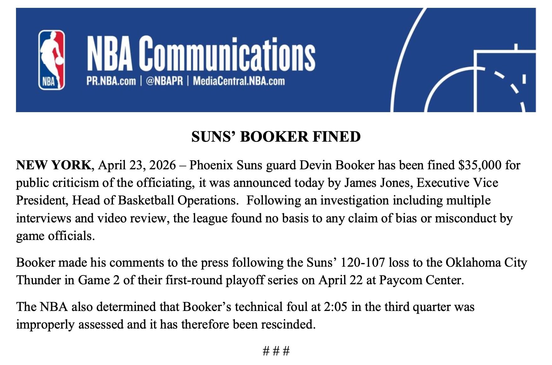 Comunicado de la NBA en la que sancionan con 35.000 dólares a Devin Booker.