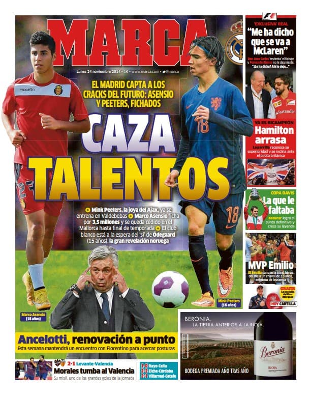 Portada de MARCA con Asensio y Peeters.