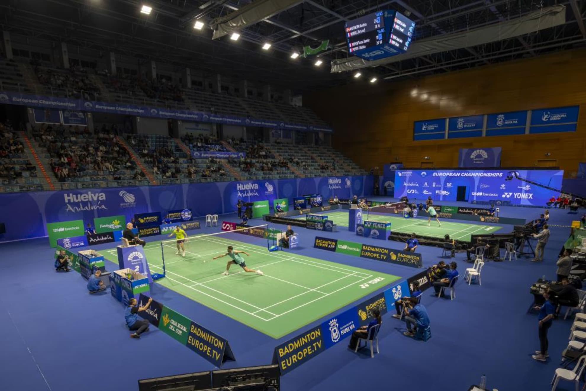 Un partido del Europeo de bádminton de Huelva 2026.