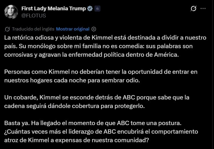 El tuit de Melania Trump sobre Jimmy Kimmel.