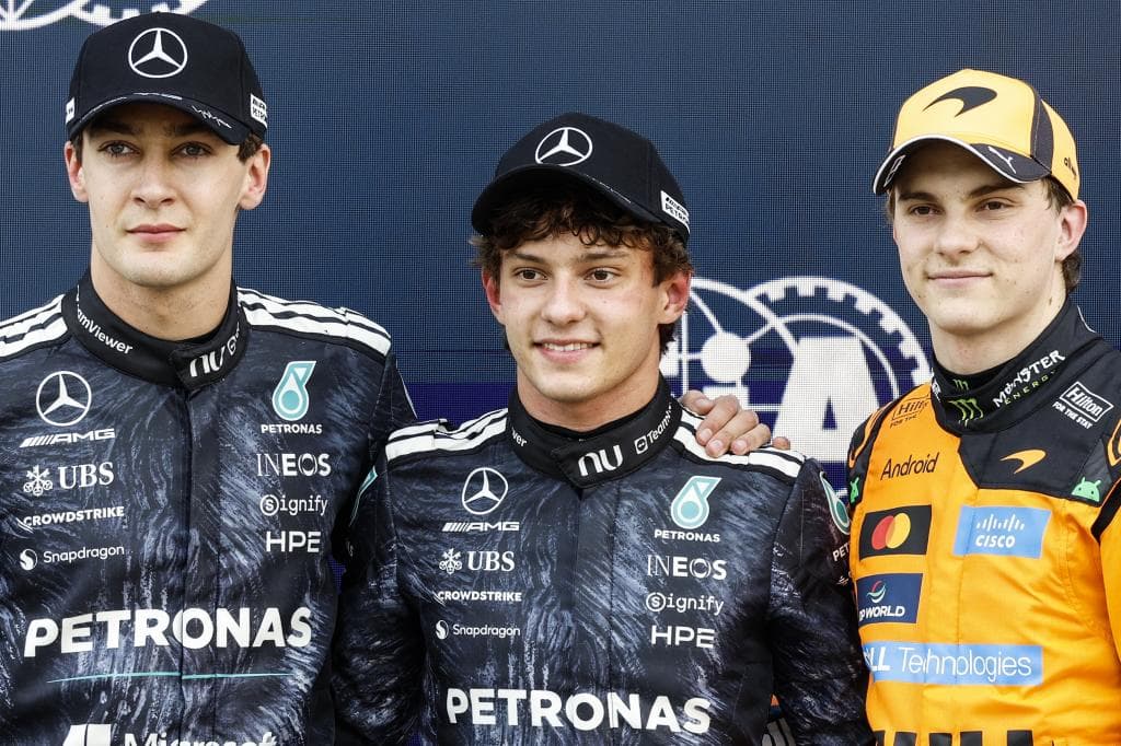 Antonelli, Russell y Piastri, tras la calificación de Japón 2026.