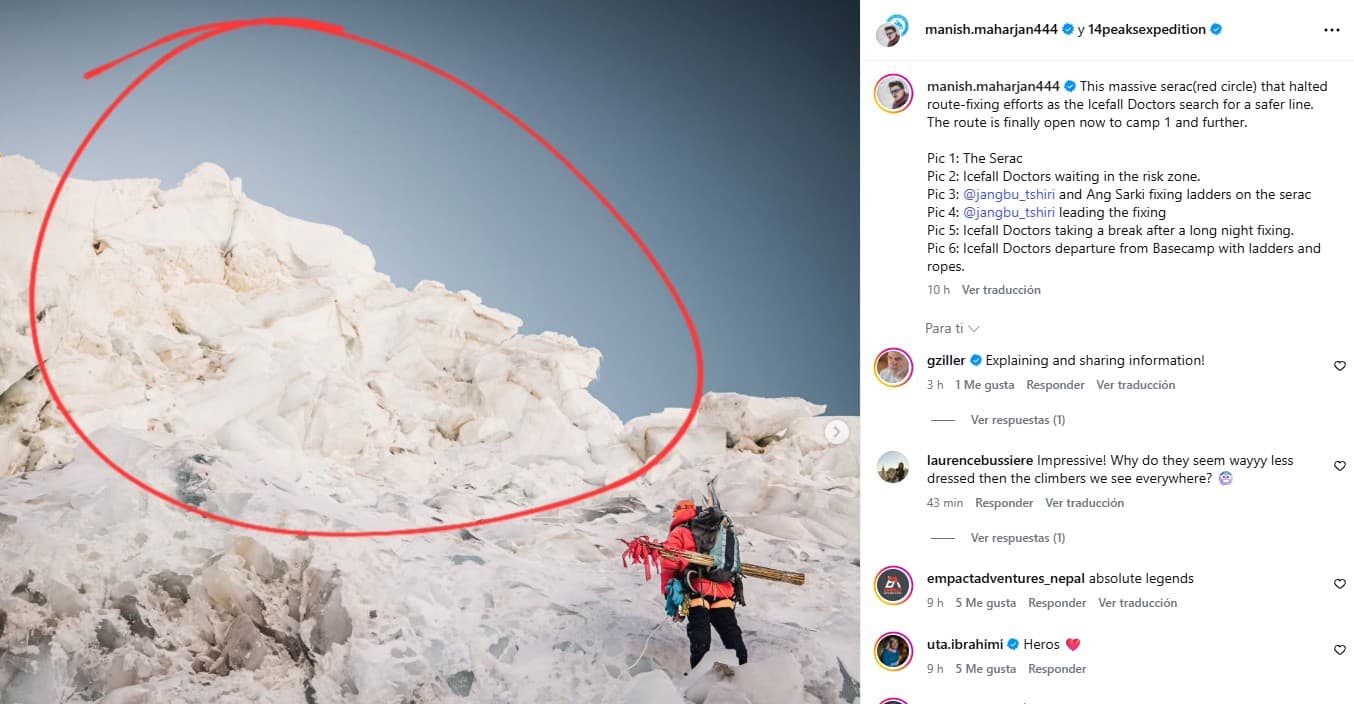 La imagen del serac sobre la cascada del Khumbu que ha publicado el fotógrafo Manish Maharjan en su Instagram.